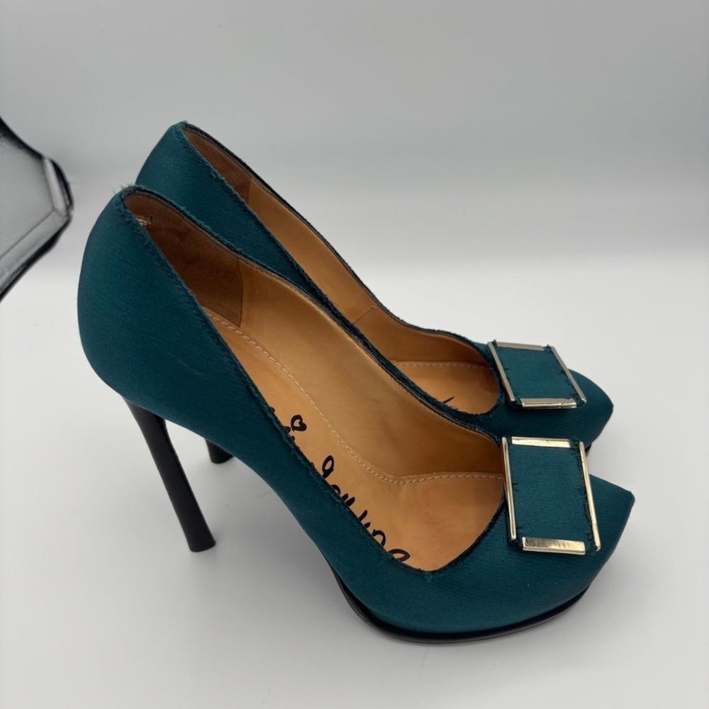 Lanvin Platform Pumps Women Sz 39 Teal Satin Buckle Stiletto Heel Luxury - Picture 6 of 16